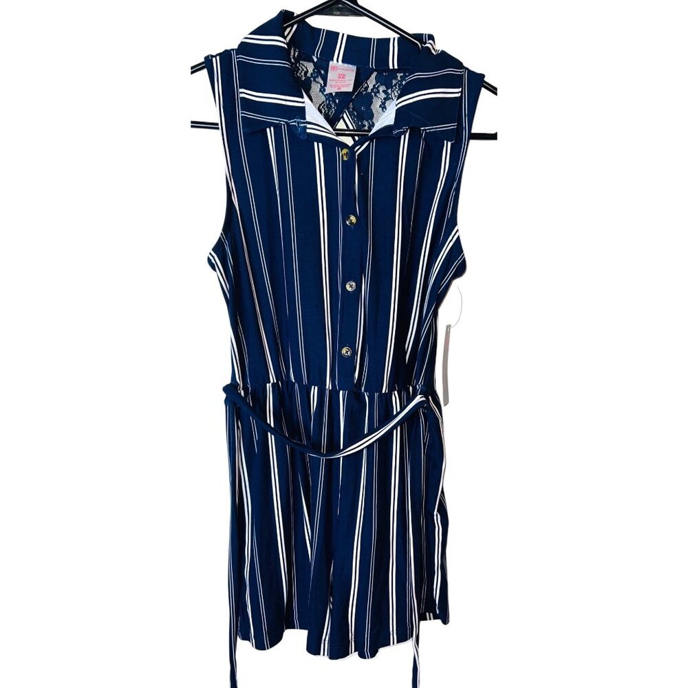 Navy Blue & White Striped Romper With Lace Back Detail & Tie Belt Size Small